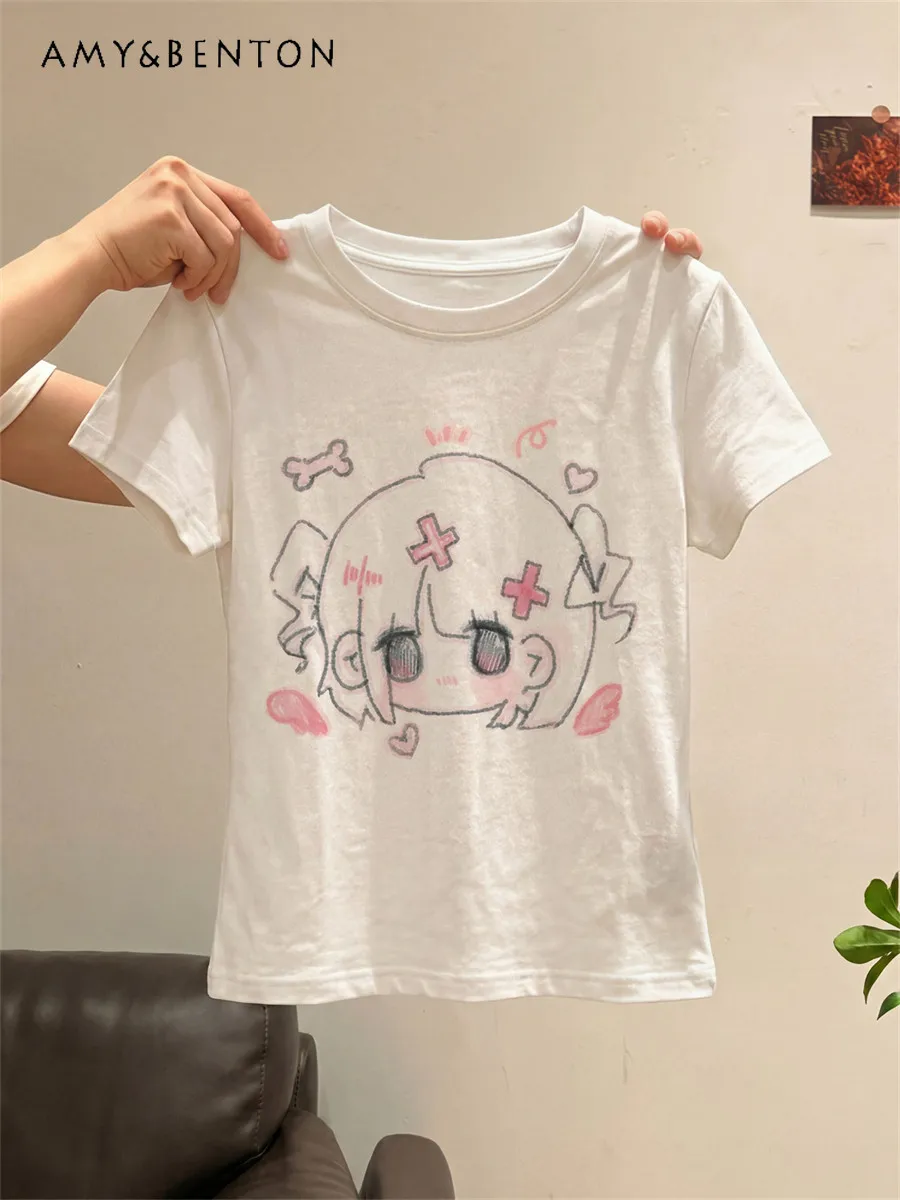

2026 Summer New Japanese Style Sweet Cute Cartoon Girl Print Short Sleeve Round Neck Casual White T-shirt for Girls