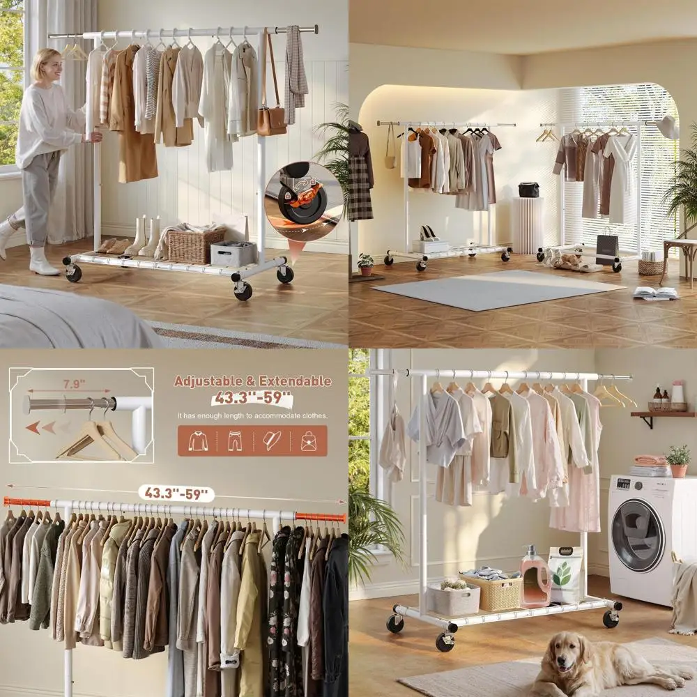 

Portable White Metal Clothing Rack with Wheels, Holds 250lbs