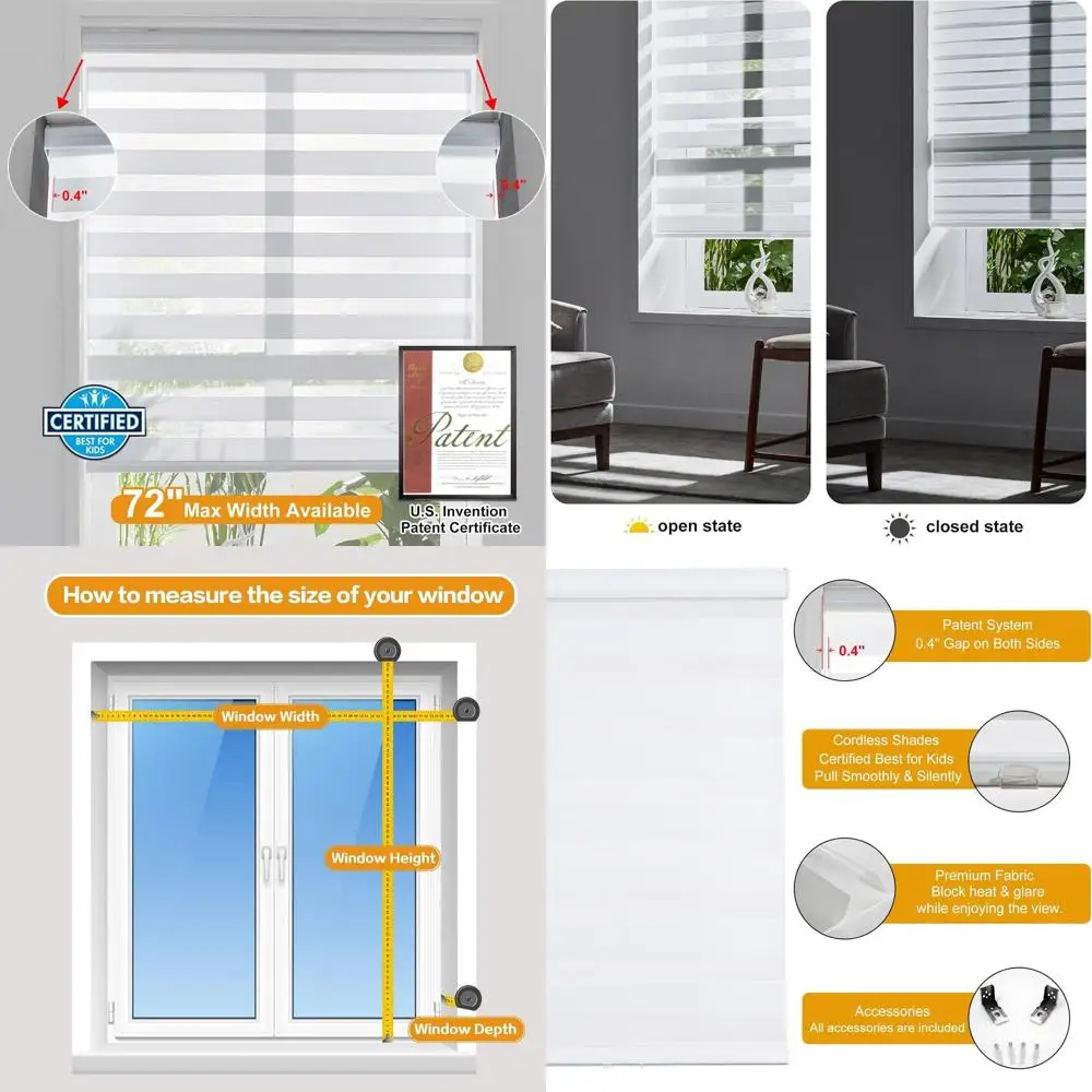 

Cordless Polyester Zebra Blinds, White, 35.5x64, Light Filtering, Child and Pet Safe, Thermal Insulated, Room Darkening