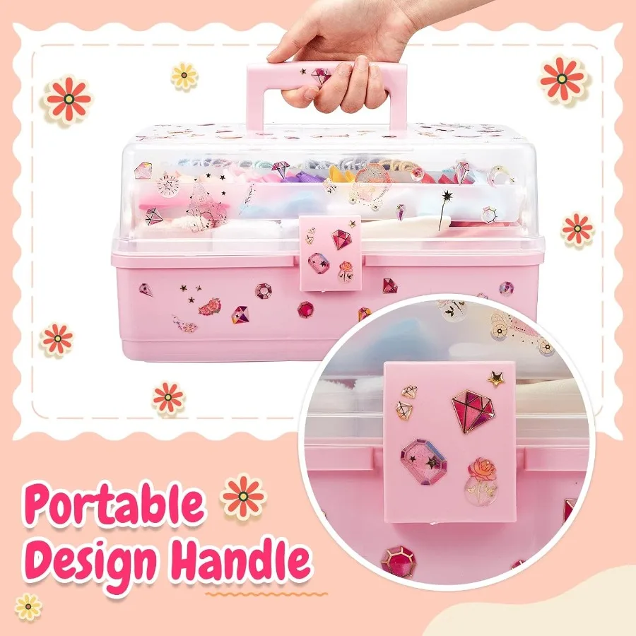 Organizer na akcesoria do włosów 13 cali z składaną tacą i uchwytem, 3-warstwowe plastikowe pudełko do przechowywania narzędzi fryzjerskich, artykułów plastycznych i akcesoriów do szycia.