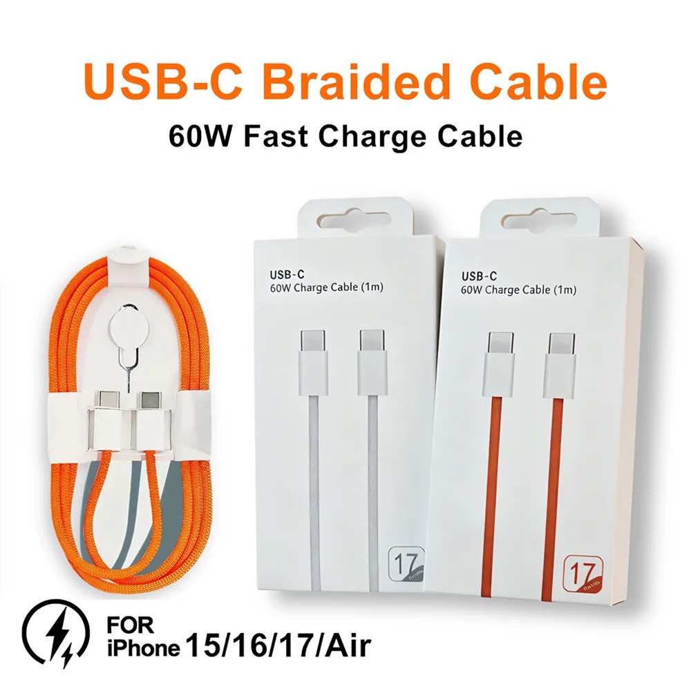 60W USB C Braided Fast Charge Cable For iPhone 15 16 Plus 15 16 17 Pro Max 16e Air Type C Quick Charging Weaving Cables With Box