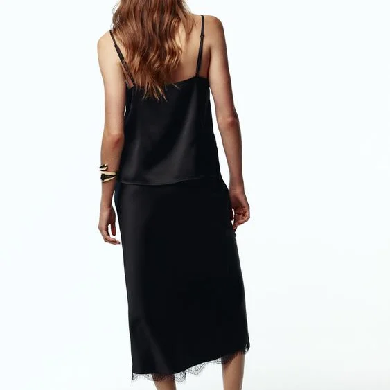 ZBZR Spring New Women's Faion Satin ter Ne Top Lace Trim Sensual Texture Top Women's Premium Faion Set 835049