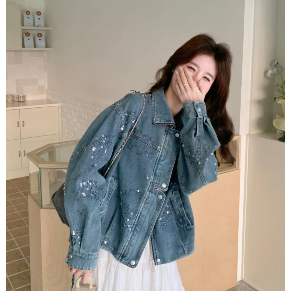 Niche Retro Popular Turn Down Collar Zipper Sequin Denim Jacket Women's Korean-style Fashion Versatile Washed Long Sleeve Coat