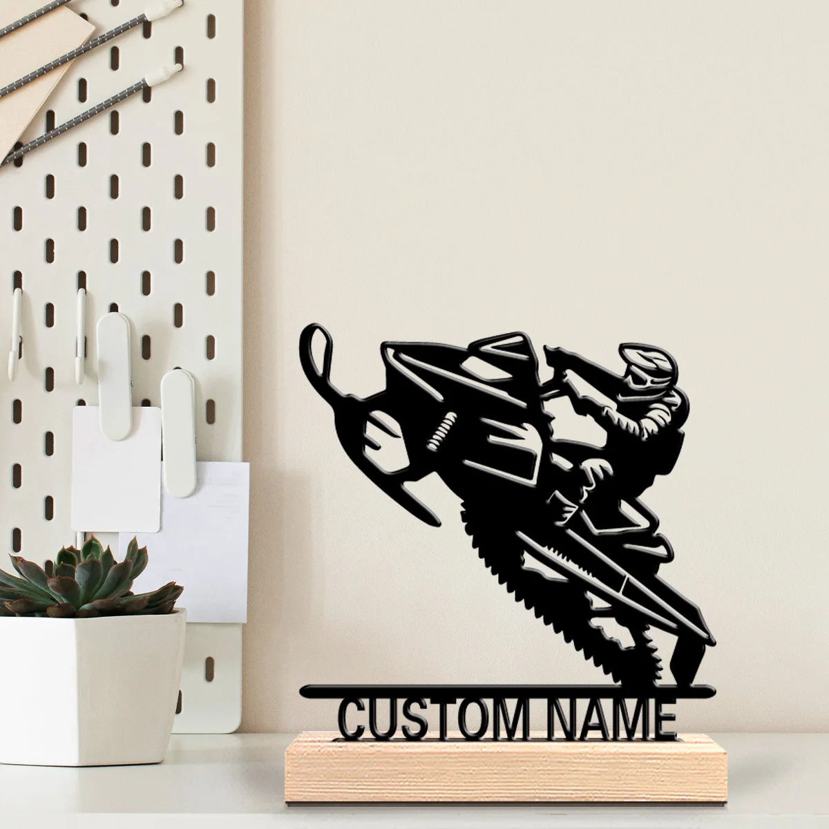 1pc Abstract Snowmobile Customized Letter Tin Statue Art Crafts With Wood Base Iron Statue With Wood Base For Bedroom Desk Decor