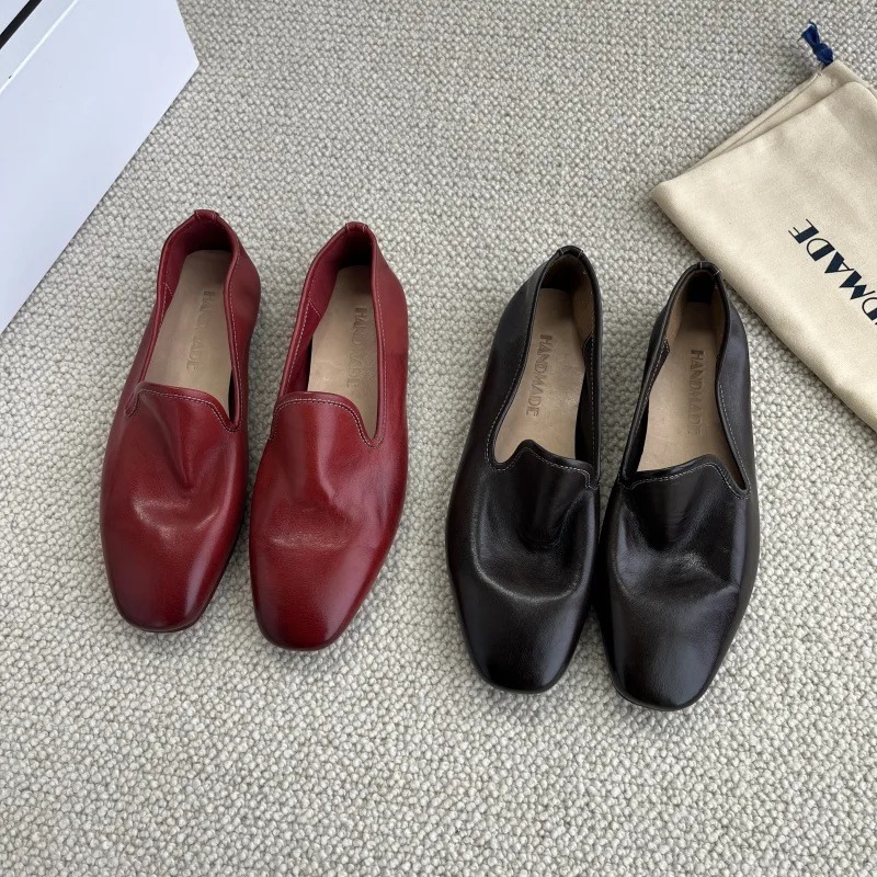 Dave&di British Handmade Shoes Horse Leather Leather Retro Loafers Women's Flat Shoes Comfortable Shoes For Womanlazy Bean Shoes