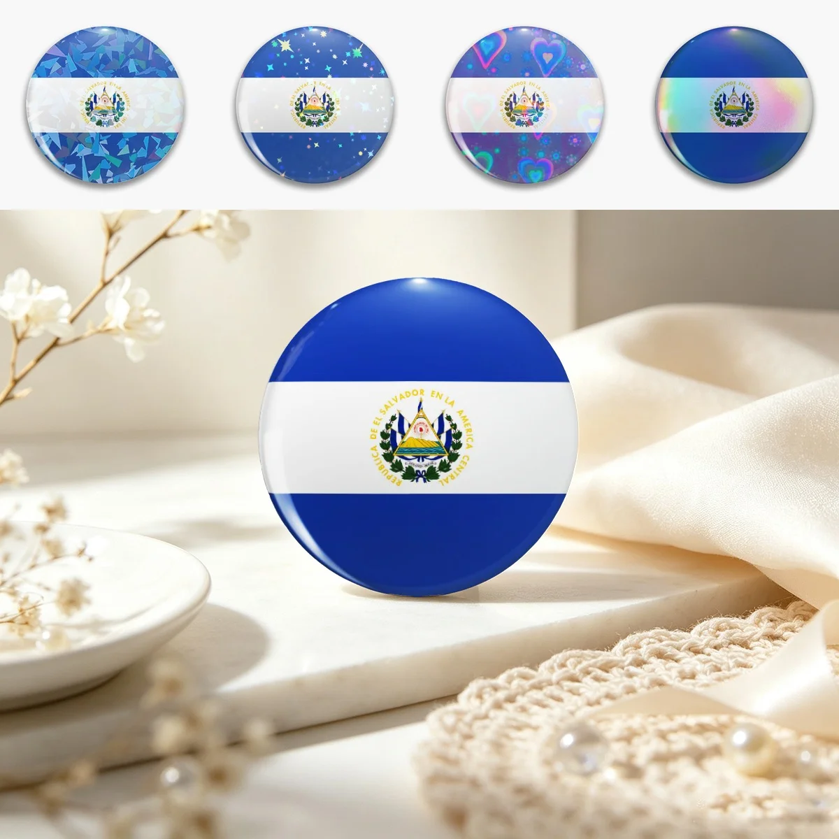 El Salvador Circle Flag SV Pin Holographic Star Heart Pin Brooches Laminated Button Fashion Accessory