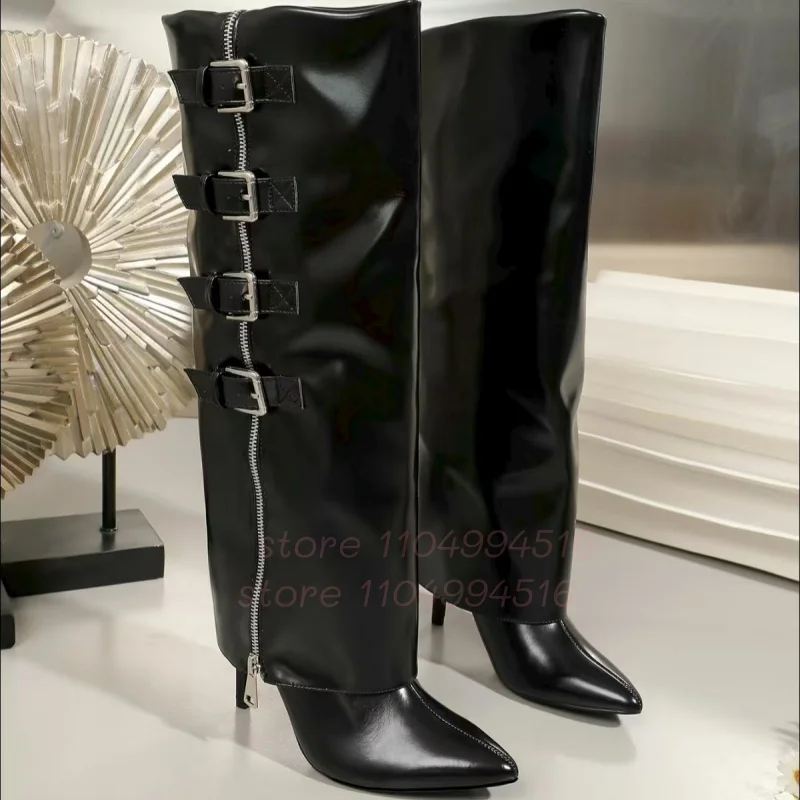 Flipped Belt Buckle Decoration Boots Women Leather Side Zipper Pointed Toe Knee High Heel Boots Sexy Fashion Party Catwalk Shoes