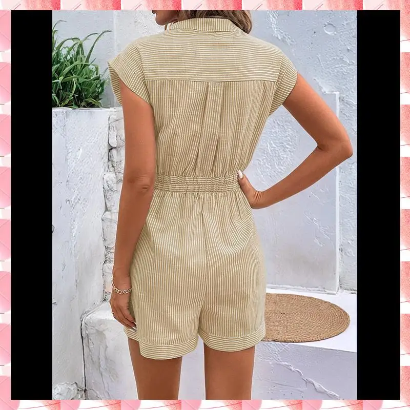 

Women's Summer Short Sleeve Button Down Pockets Belted Jumpsuits Rompers