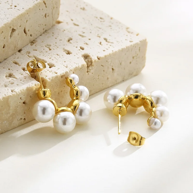 

New Dangle Earrings For Women Gold Color Stainless Steel Shell Imitation Pearls Open Semi-Circle Drop Earrings Jewelry Wholesale