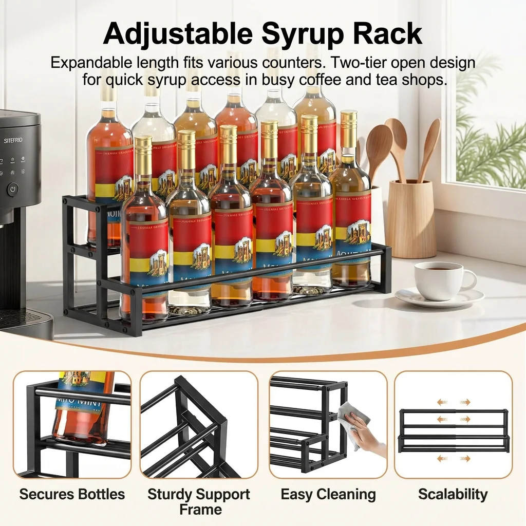 Syrup Rack Expandable Coffee Bar Organizer Heavy Duty Carbon Steel Bottle Holder for Cafe Kitchen Countertop Stable