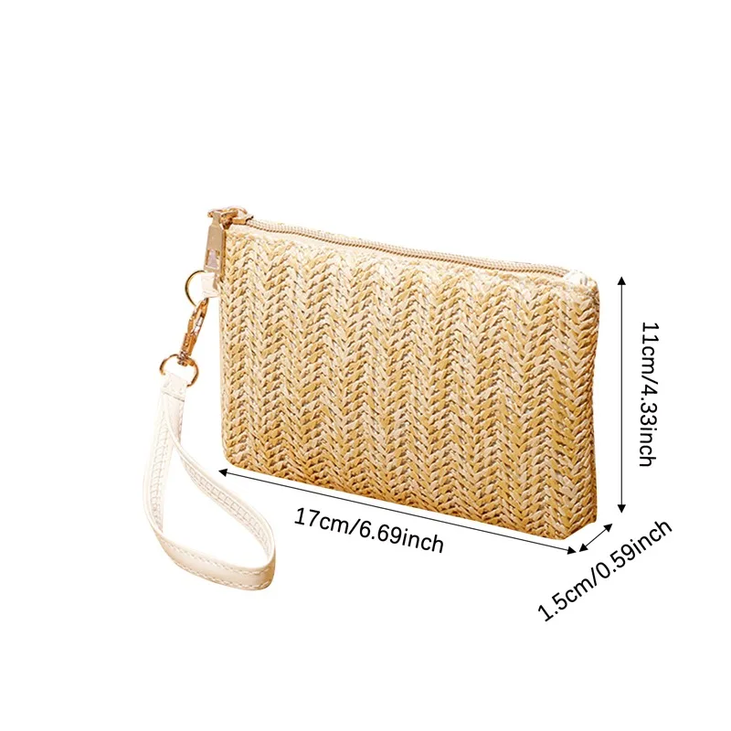 Weaving Wallet Fashion Ladies Wristlet Clutch Women Daily Money Phone Clutch Solid Straw Woven Coin Purse Beach Bag