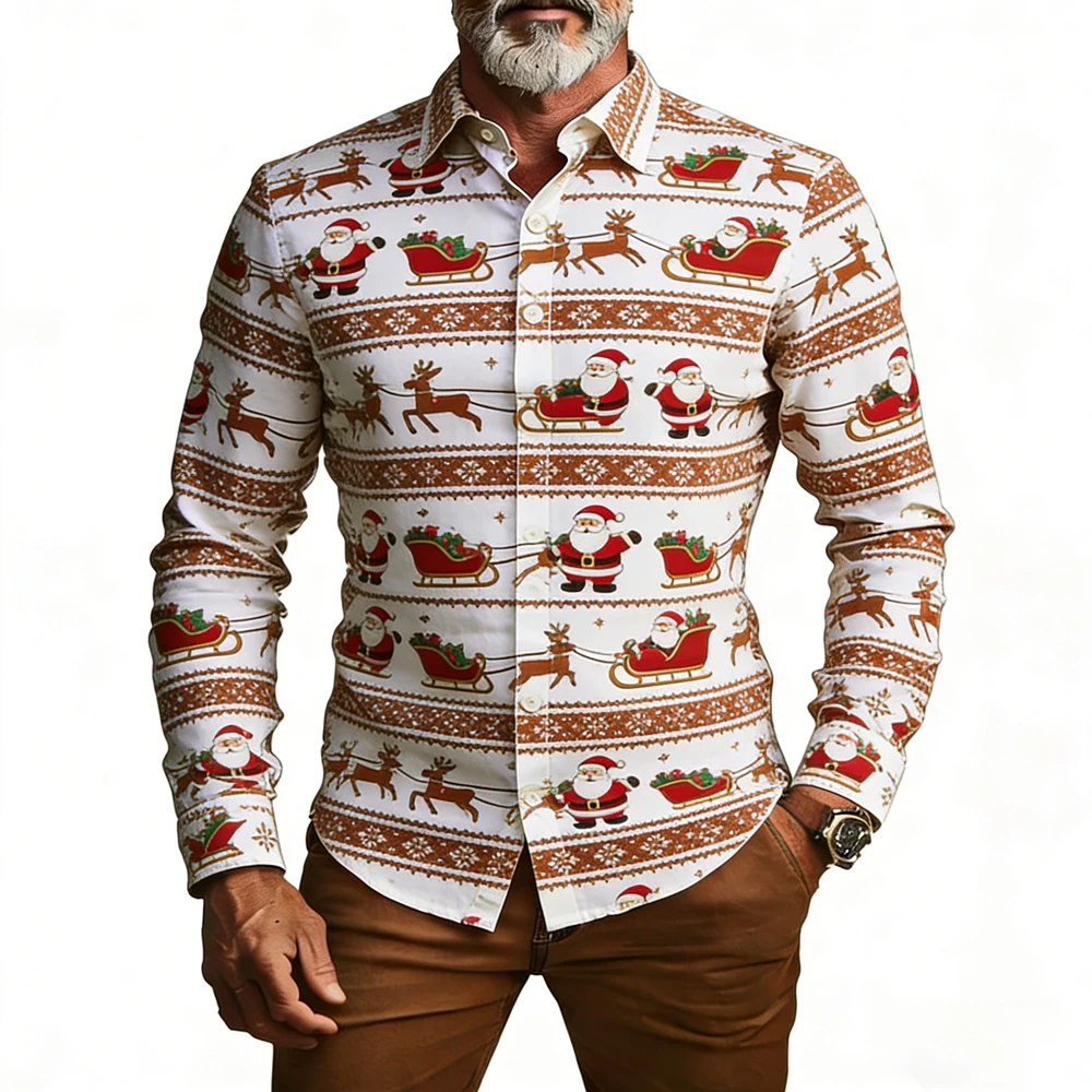 Men's Long Sleeve Shirt Christmas Santa Reindeer Sleigh Print Button Down Holiday Party Casual Tops Men Clothing