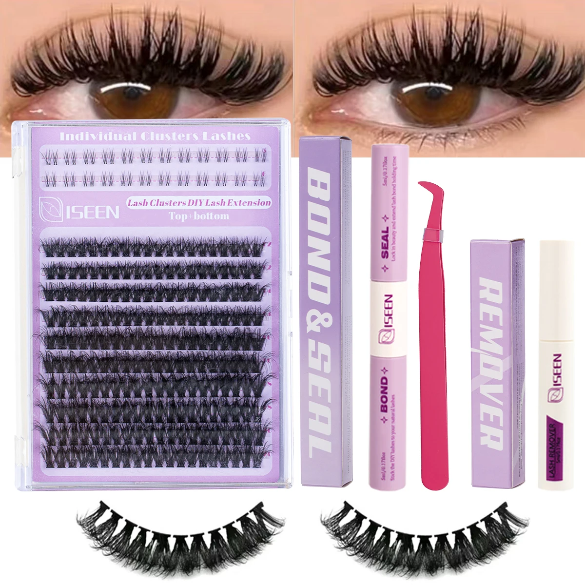 ISEEN DIY طقم تمديد الرموش مجموعة الرموش الفردية مع ربط الرموش وختم وملاقط الرموش ومزيل الرموش