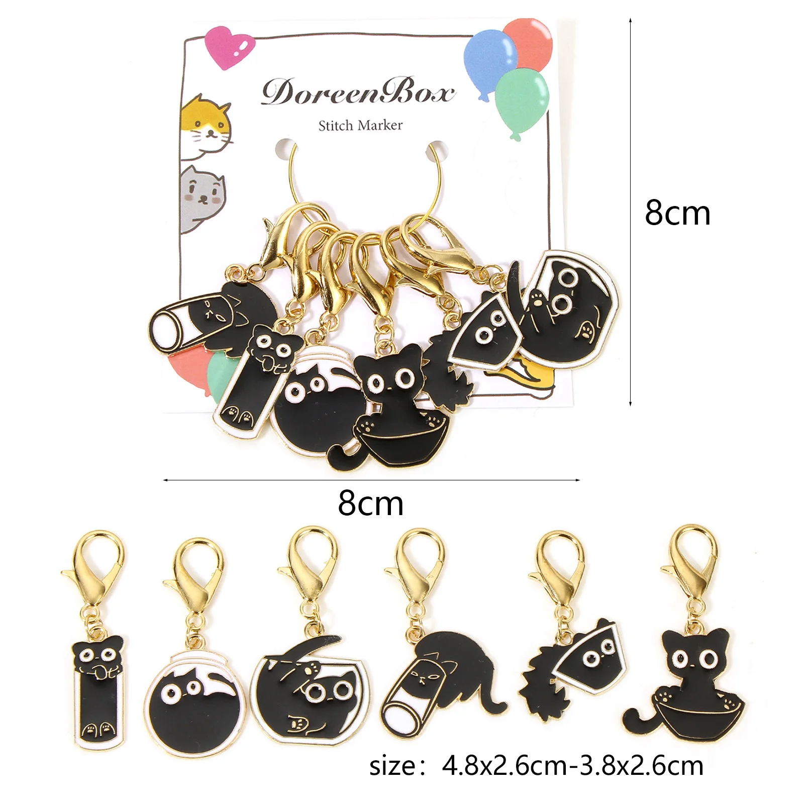 6 PCs/Set Knitting Stitch Markers Cat Gold Plated Black Enamel Sewing DIY Supplies With Lobster Claw Clasp 4.8cm x 2.6cm