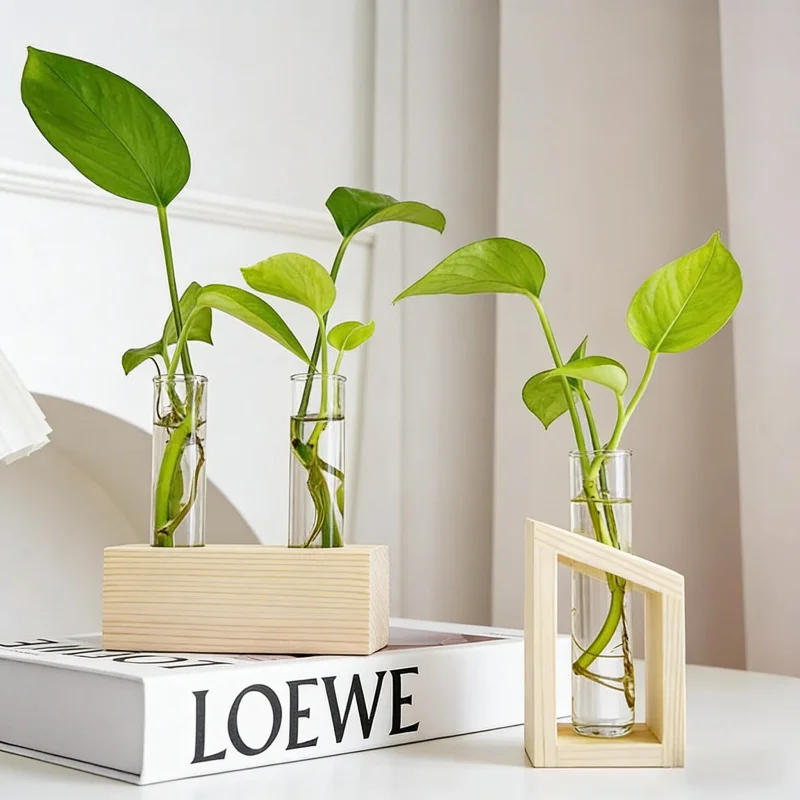 Kreativer Holz-Tischständer für Hydrokultur mit Glas-Reagenzglas-Vase als Heimdekoration und Blumenarrangement-Ornament