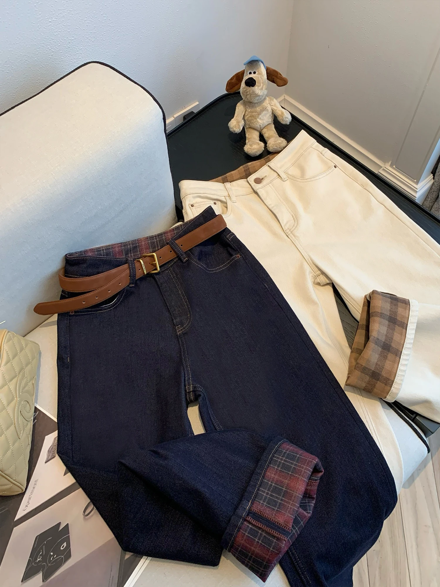 

Женские джинсы с высокой талией в клетку, с отворотами, из тонкого денима, осенние, в американском ретро-стиле, синие, прямые, широкие штанины