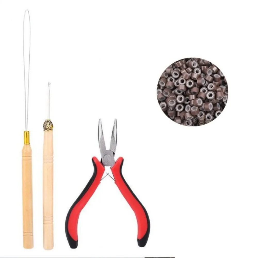 

Hook Needle Hair Extensions Tools Kit Pulling Needle Crochet Hook 500pcs Micro Ring Beads DIY Loop Threader Micro Beads Plier