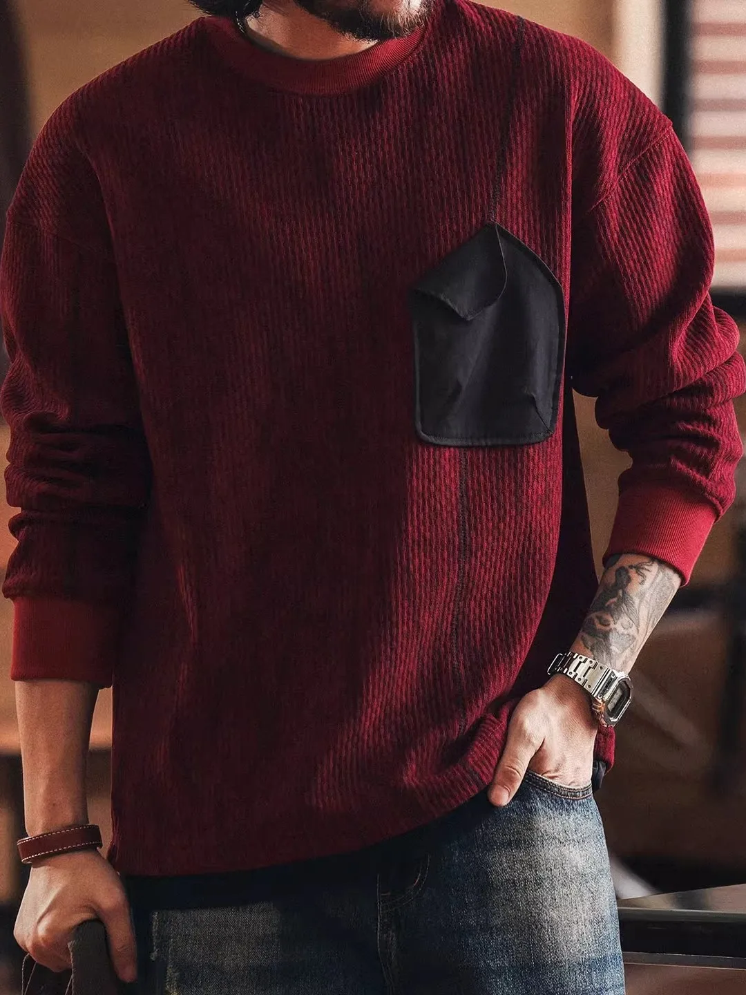 

Мужская толстовка свободного кроя с капюшоном, плотная, текстурированная, красная, с длинным рукавом, повседневная, утепленная, осенне-зимняя, уличная одежда, комфортная футболка