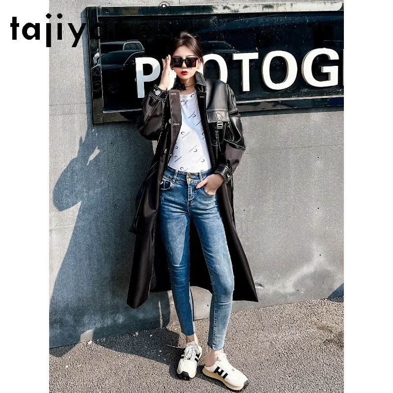 TAJIYANE Genuine Leather Jacket Woman Sheepskin Spliced Leather Coat Slim Fit Jackets for Woman Long Trench Coat 110cm Outerwear