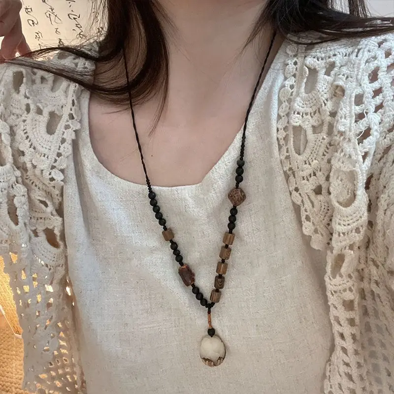 

National Zen Style~Wooden Bead Bodhi Pendant Safety Necklace With New Chinese Unique Design Long Neckchain Matching