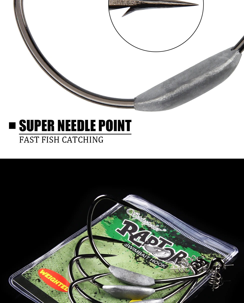 Spinpoler Raptor Weighted Swimbait Hooks 5/0 7/0 10/0 Twistlock Centering Pin Spring High Carbon Steel Weedless Fishing Hooks