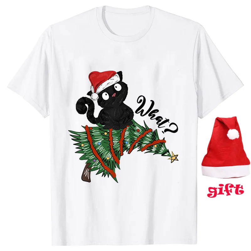 Camiseta engraçada do Natal das mulheres, Gato bonito que árvore de Natal tops, Camisetas de manga curta festa, Roupas femininas com chapéus