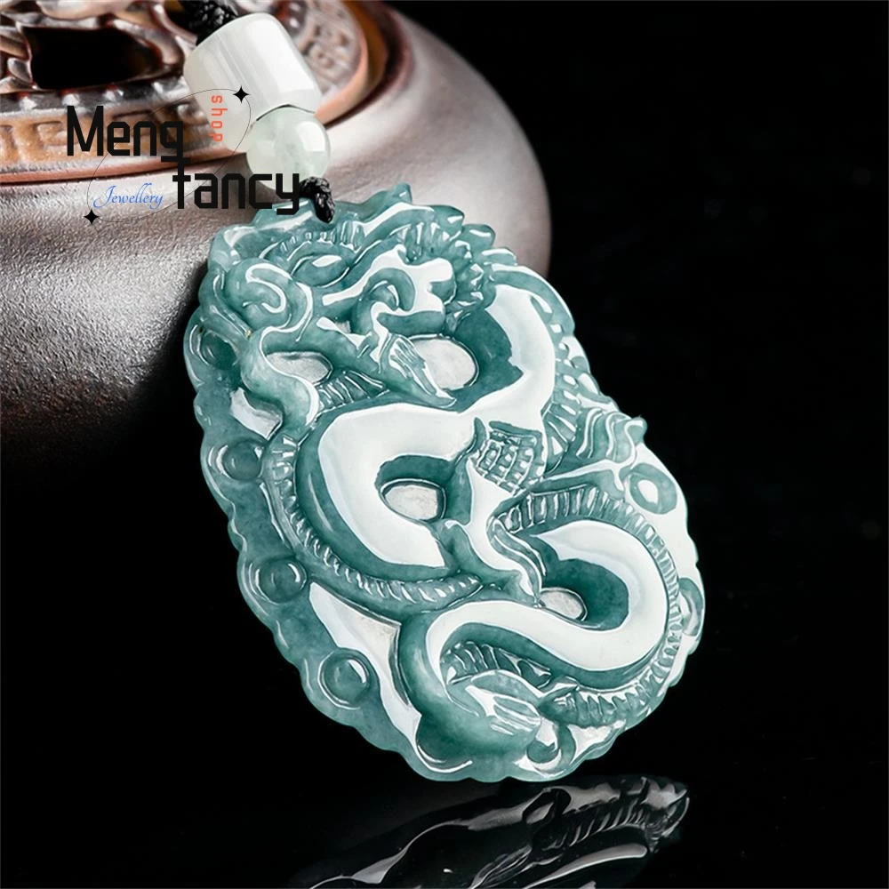 Natural A-goods Jadeite Blue Water Zodiac Dragon Business Prosperity Attracting Wealth Pendant Personalized Fashion Fine Jewelry