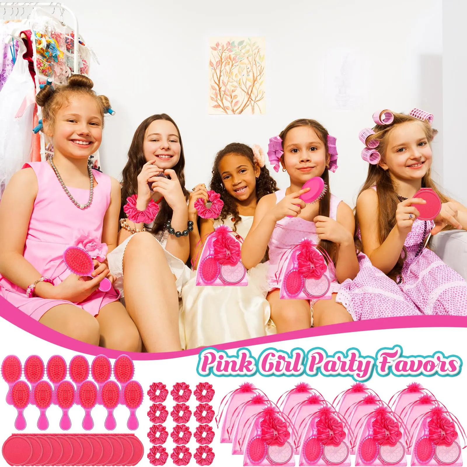 5-24Sets Girl Pink Spa Party Supplies Favors Kids Birthday Gifts School Supplies Hairpin Makeup Mirror Transparent Bags Combs ﻿