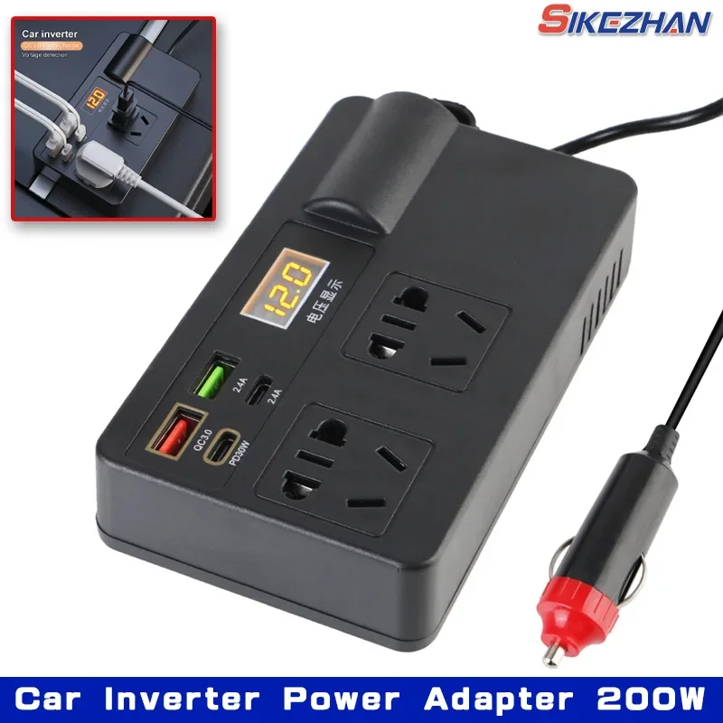 Car Inverter Power Adapter 200W DC 12V/24V to AC 220V Converter QC 3.0 USB/PD/Type-C Chargers Voltage Detection ON/OFF Switch