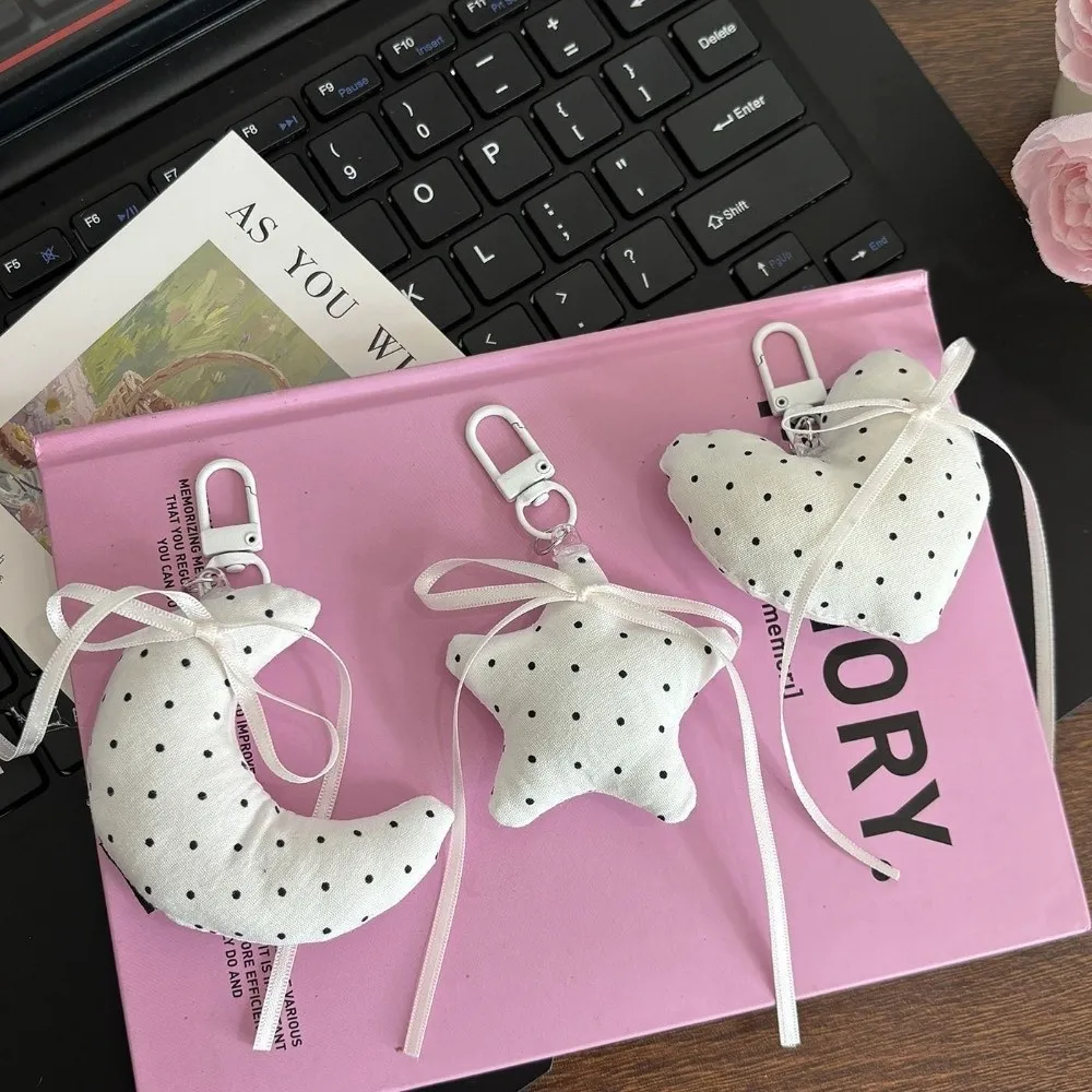 Polka Dot Pattern Keychain Soft Fabric Moon Star Heart Shape Fabric Bag Charm Ribbon Bow Design Hanging Pendant Style