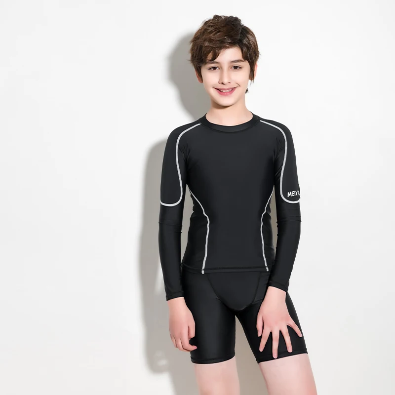 2024 MEIYIER Korean Style Kids Swimsuit Long Sleeve Full Body Two Piece Bathing Suit Fashon Patchwork Boys Student Swimwear UV