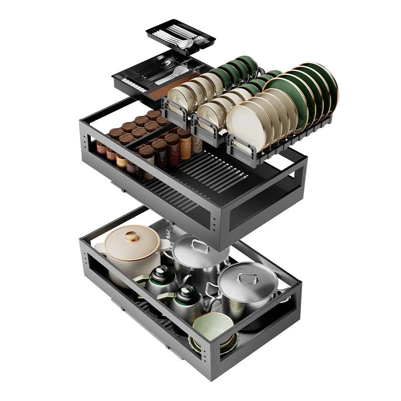 

Basket Kitchen Cabinet 304 Stainless Steel Double Drawer Bowl Rack Storage Shelf Seasoning Cabinet Basket Blue