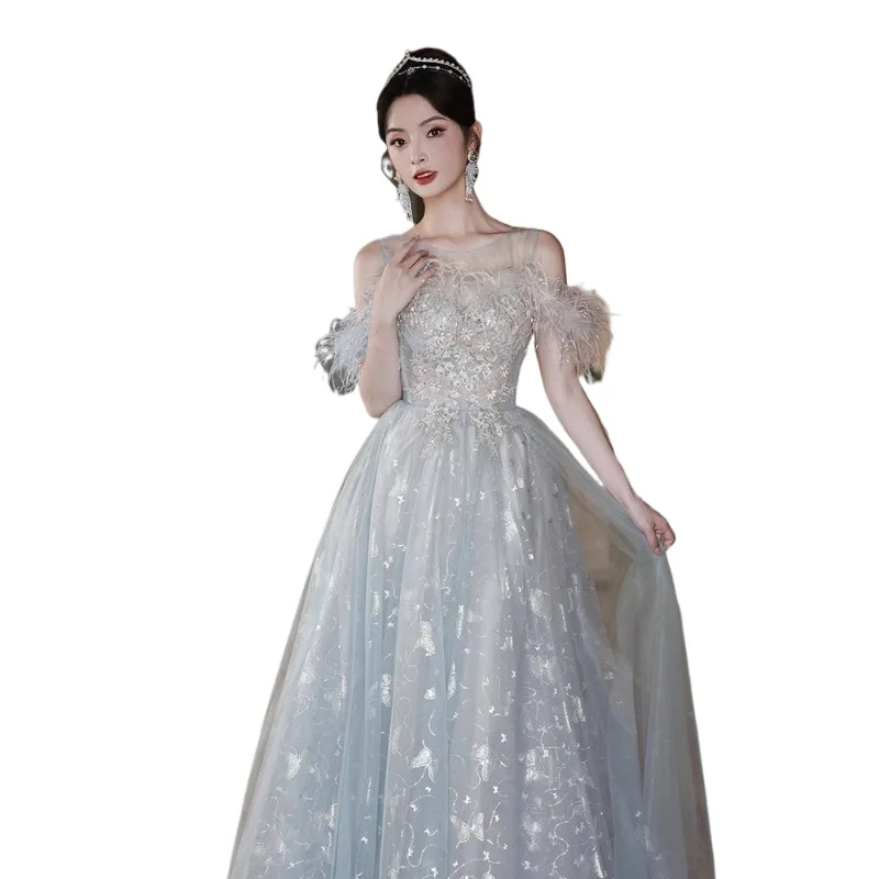 Robe de soirée bleue, nouveau Style, tempérament de Banquet, Niche, atmosphère féerique, hôte d'examen d'art, robe de demoiselle d'honneur élégante, 2026