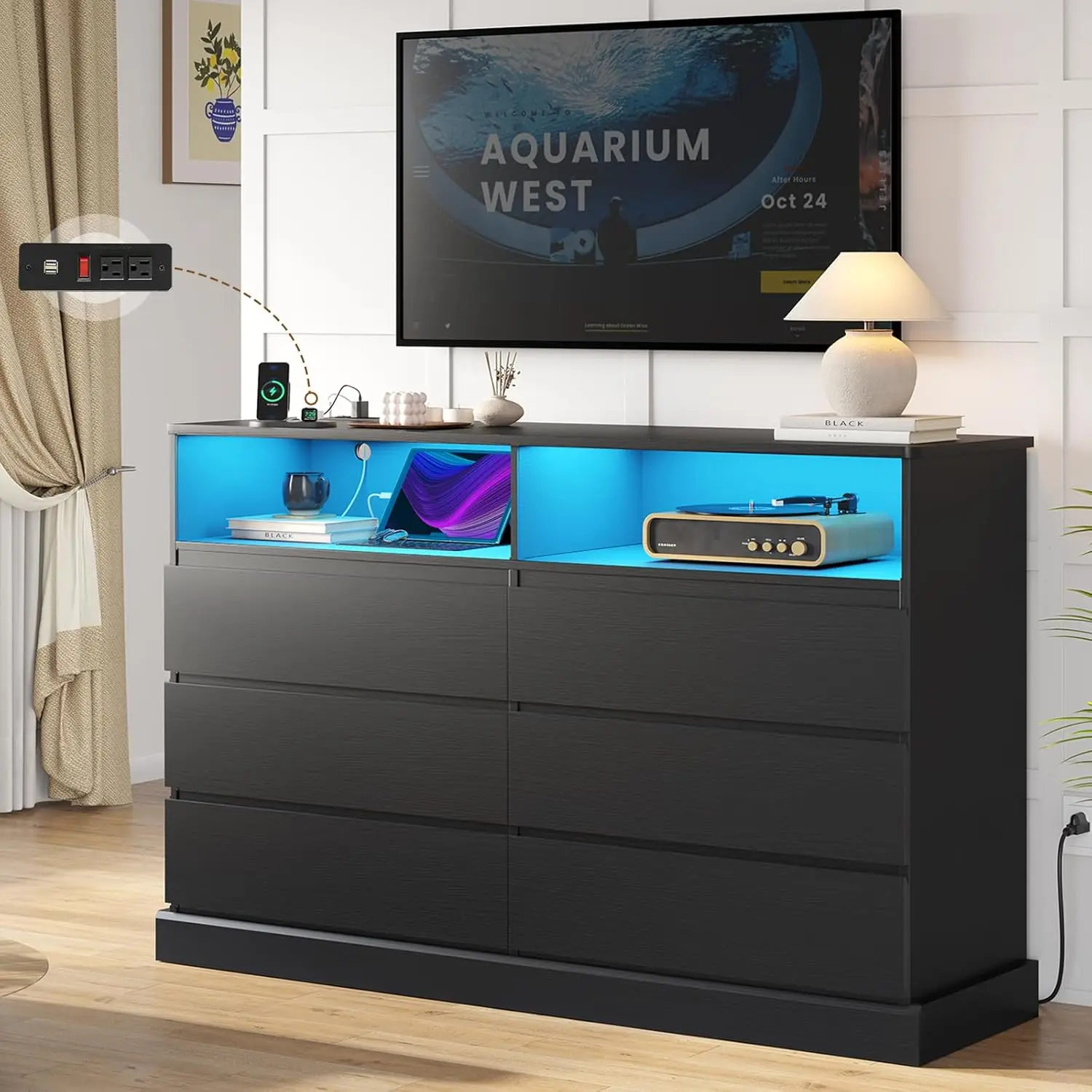 

Black Dresser for Bedroom with LED Lights and Charging Station,51.2" Long Dresser Chest of Drawers with Large Drawers,Open Space