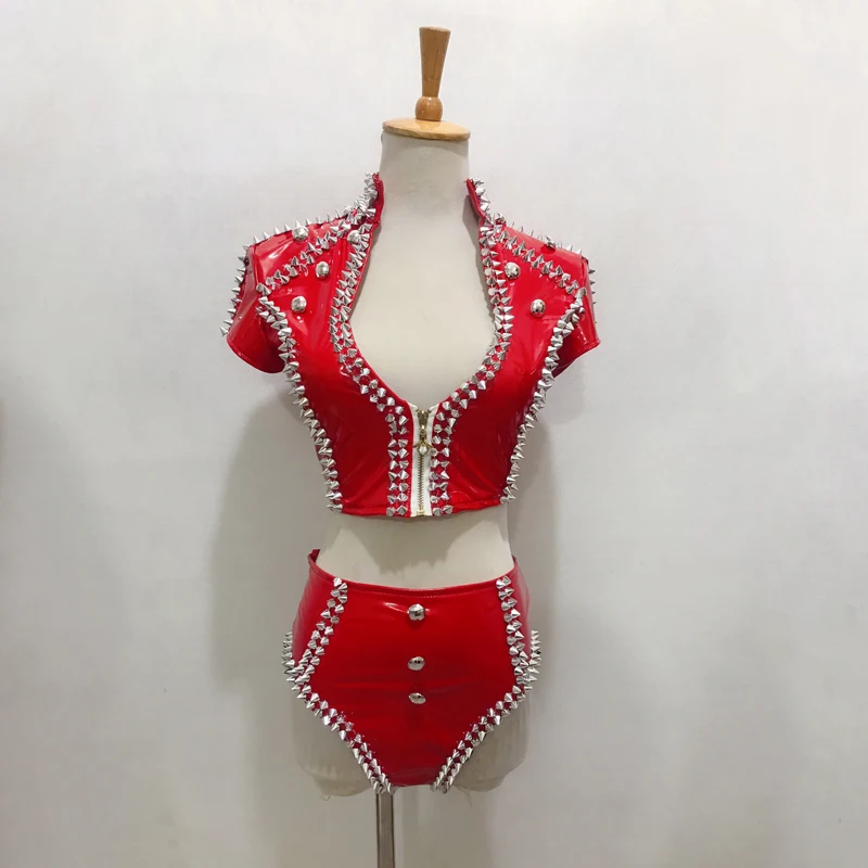 

4 Colors Leather Rivet Tops Shorts Pole Dance Clothing Women Party Rave Outfit Nightclub Performance Dj Ds Gogo Costume XS5452