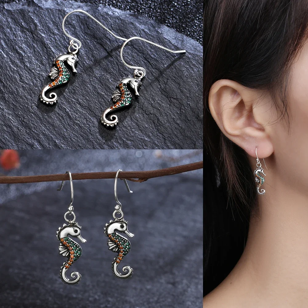 New Style Color Zircon Seahorse Earrings 925 Sterling Silver Earrings for Women Stylish Fine Jewelry Party Earring