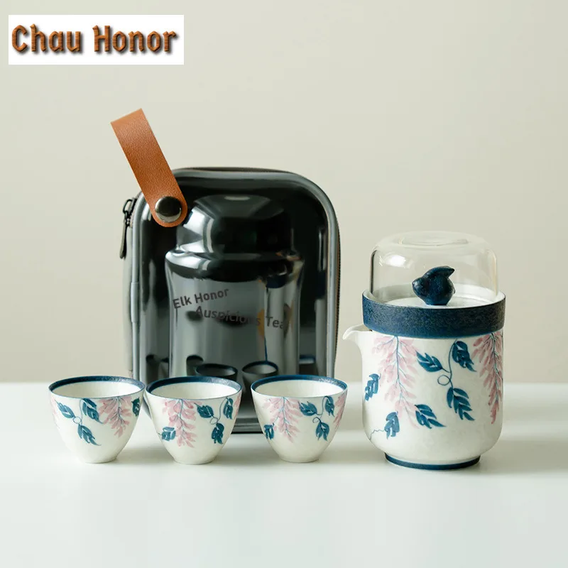 

Hand-painted Wisteria Flower Travel Tea Set Kit Luxury 1 Pot 3 Cups Tea Brewing Organizer Portable Picnic Handbag Supplies Gift