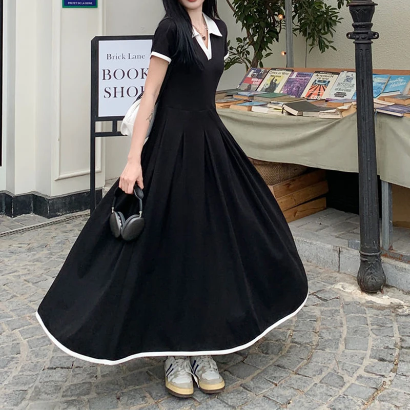 فستان أسود أنيق للسيدات للمكتب مقاس كبير بأكمام قصيرة فستان ميدي أنيق للنساء فستان فضفاض على شكل حرف a 2025 فستان كوري جديد