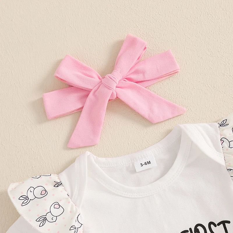 Adorabile completo pasquale per bebè con pagliaccetto con stampa di coniglietti, pantaloncini con volant, fascia per capelli e calzini lunghi - Set da 4 pezzi per la tua bambina