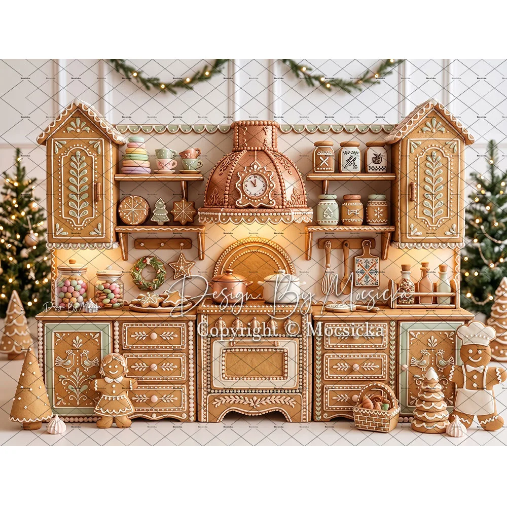 Mocsicka Backdrop Photography Christmas Gingerbread Bakery Kitchen Cabinet Cookie Background Sweet Girl Birthday Studio Photo