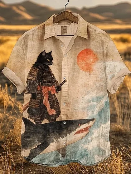 Funny Japanese Samurai Cat 3D Print Hawaiian Shirt Men Women Fashion Short Sleeve Single-Breasted Beach Shirts Men Blouse Manga