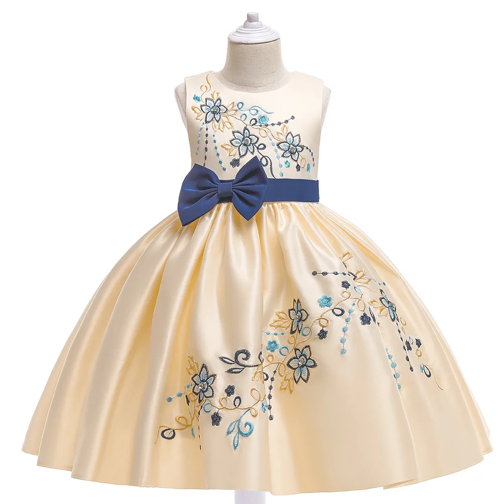 

4-12 Years Girls Dress Wedding Embroidered Bow Elegant Princess Party Pageant Formal Gown For Children Elegant Catwalk Dress