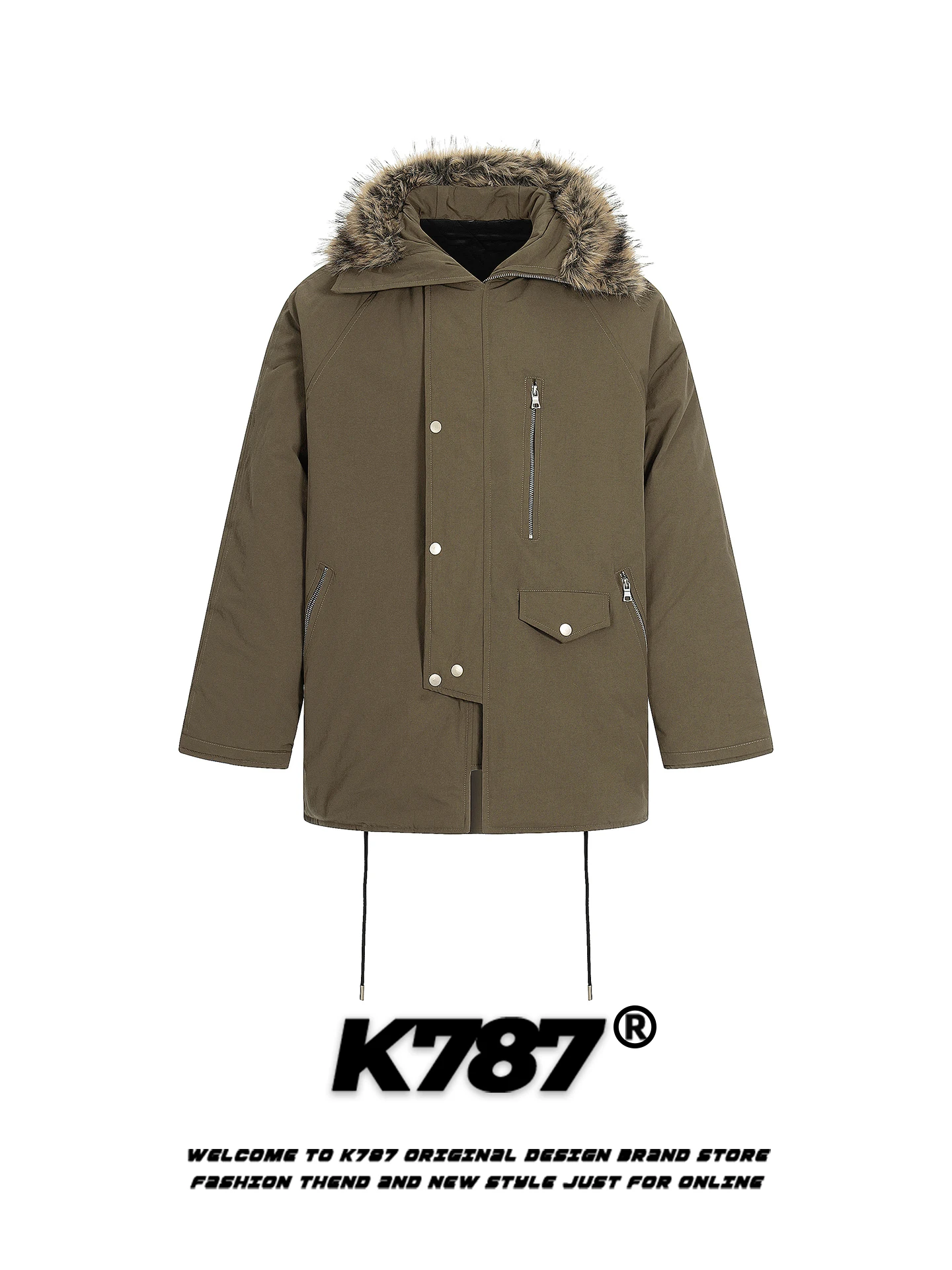 

American Retro Military een Cotton Jaet with Fur Collar ex Loose Warm Couple's Mid-Length Cotton Coat Zipper Closure