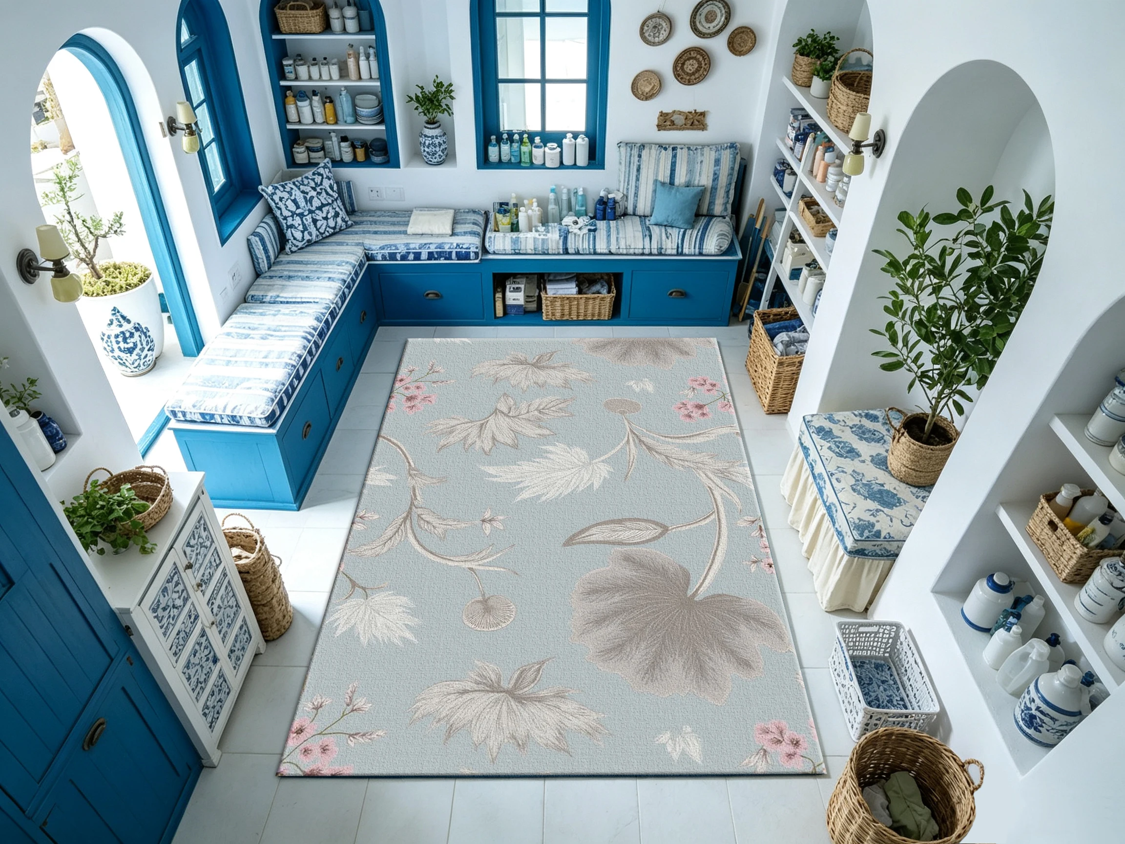 Light Blue Vintage Plant Leaf Pattern Carpet, Soft Retro Floral Pattern Home Carpet, Suitable for Living Room and Bedroom Interior Decoration