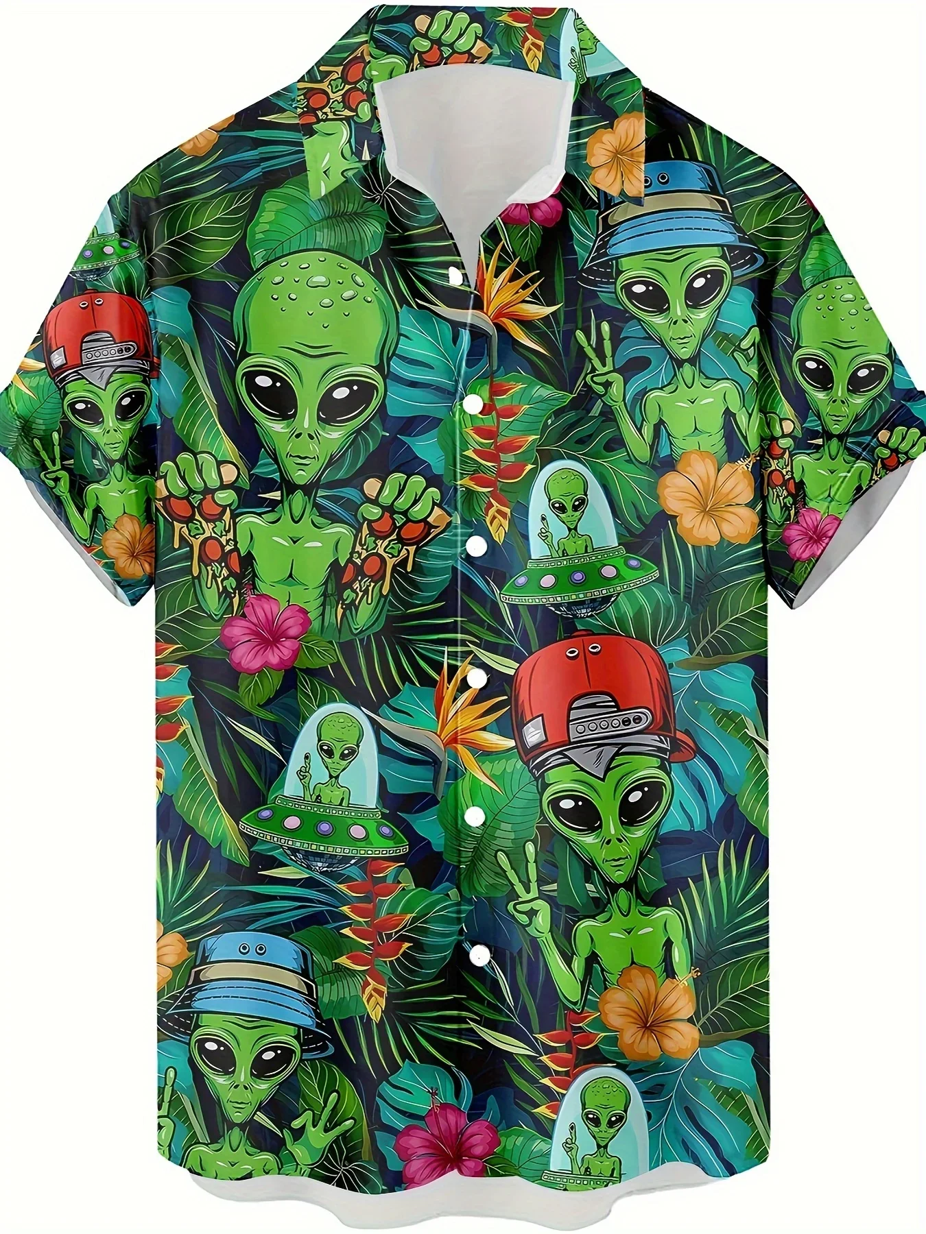 Men's Fashion Hawaiian Style Shirt, Novelty Aliens Pattern Allover Print Short Sleeve Button Up Lapel Shirts For Summer