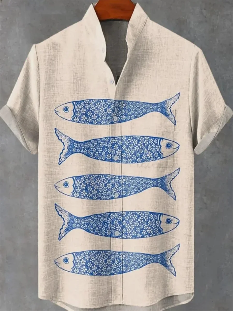 New summer men's retro 3D art print striped fish pattern casual fashion linen men's stand collar shirt