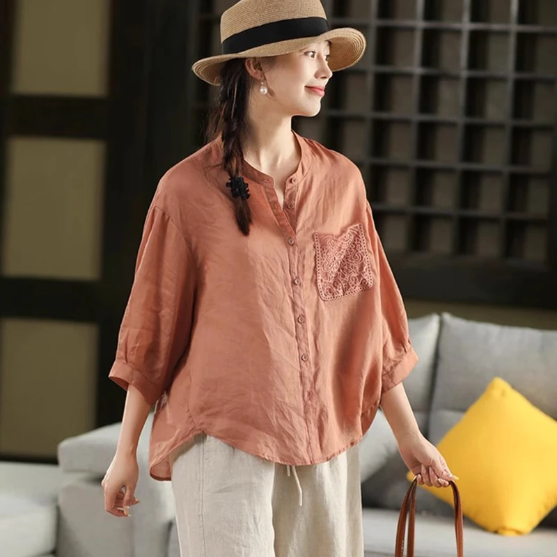 

Women Casual Linen Shirt New 2025 Summer Vintage Style Stand Collar Solid Color Loose Comfortabl Female Tops Shirts M1586