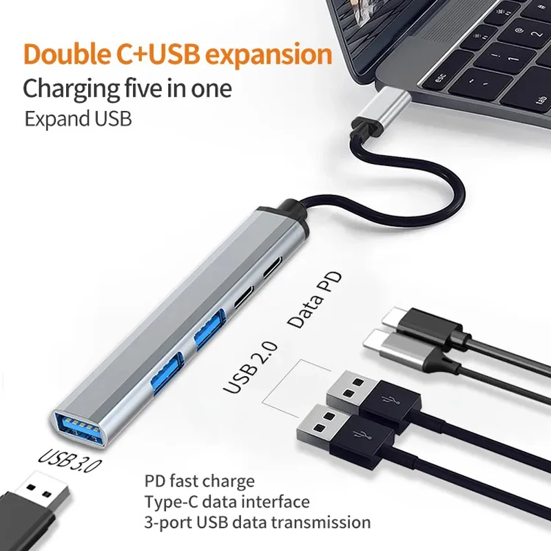 5 في 1 Ultra Slim Type C USB Hub 100W PD محطة إرساء USB 2.0 3.0 الفاصل لهاتف MacBook Pro Mac Mini Mac