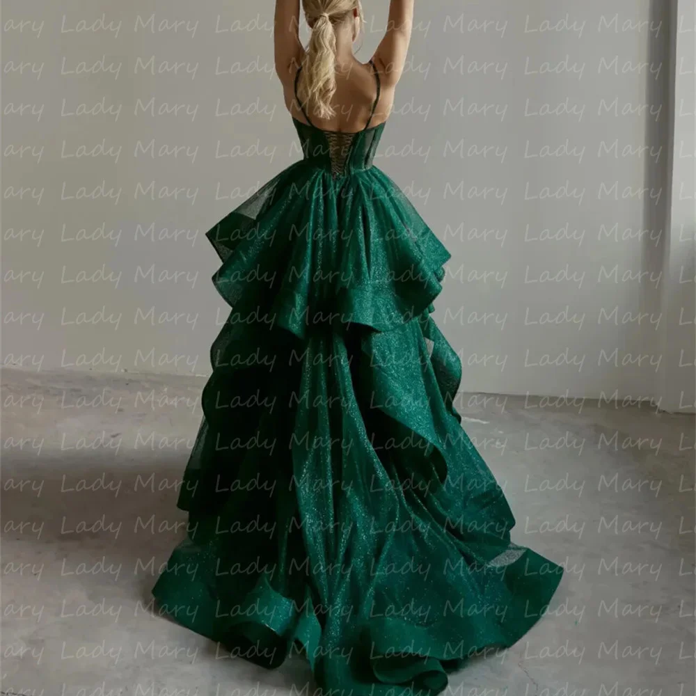 Customized Shining Green Party Dresses A Line Exposed Boning Evening Gowns Spaghetti Straps Neckline Tiered Tulle Prom Dresses ف