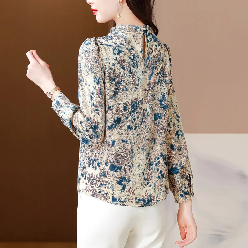 Fashion Printed Woman Blouse 2024 Chic Beaded Silk Satin Shirts Elegant Long Sleeve Office Ladies Tops Spring Autumn Clothing